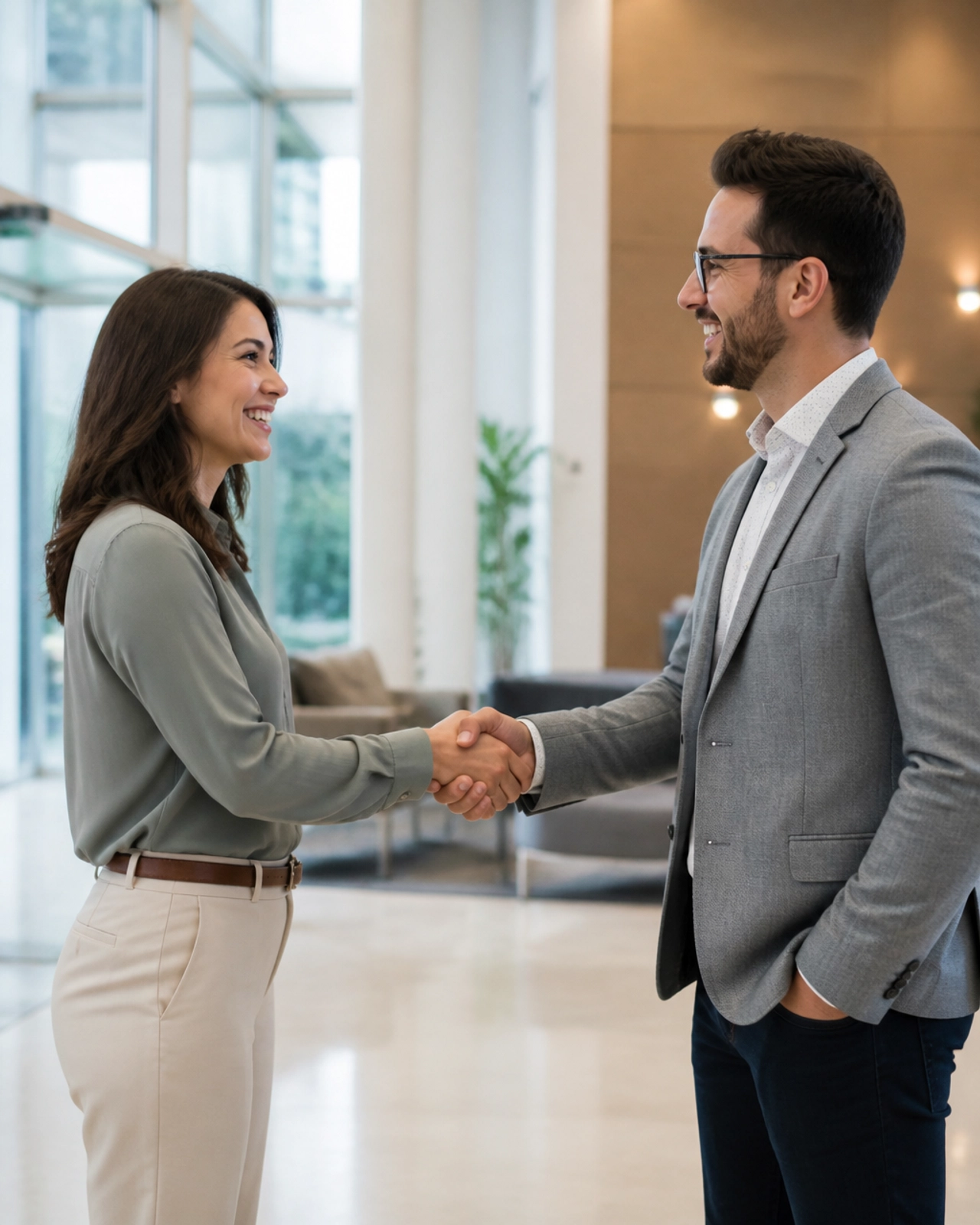 Two business professionals shaking hands in a bright office lobby