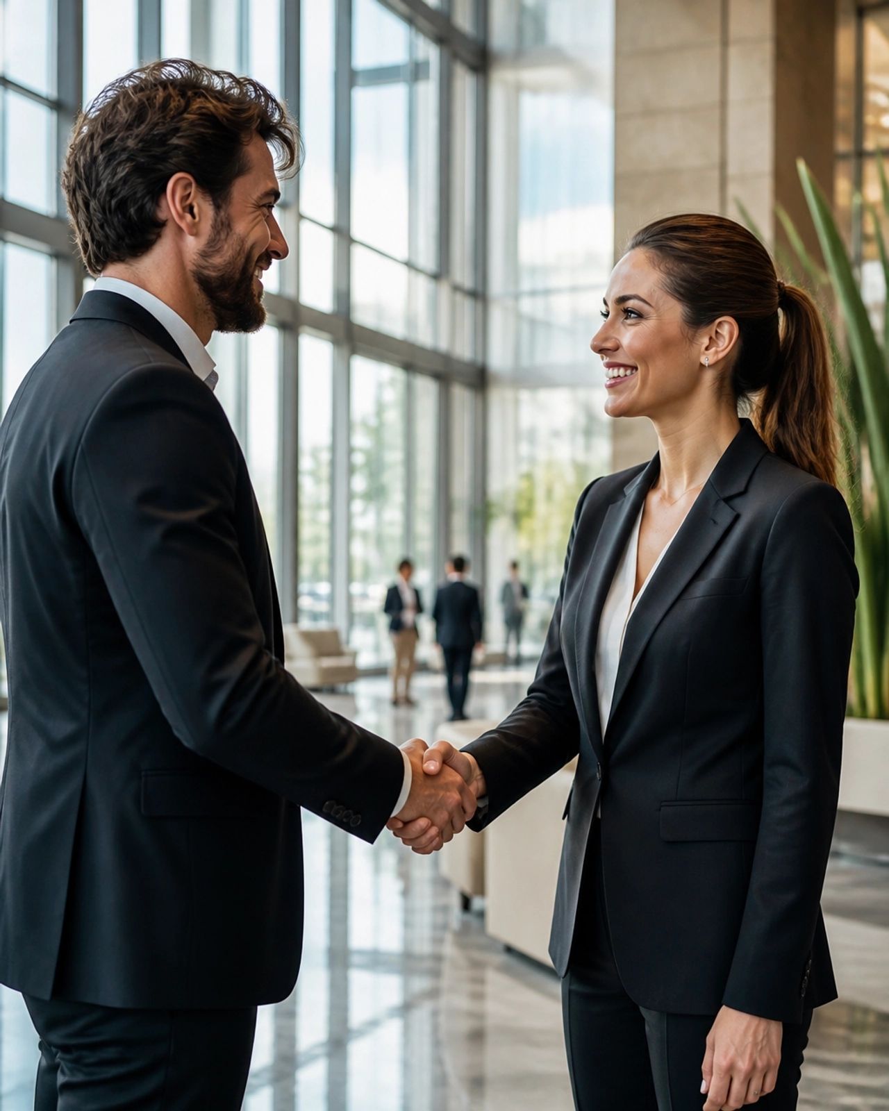 Two business professionals shaking hands in a bright, modern lobby.
