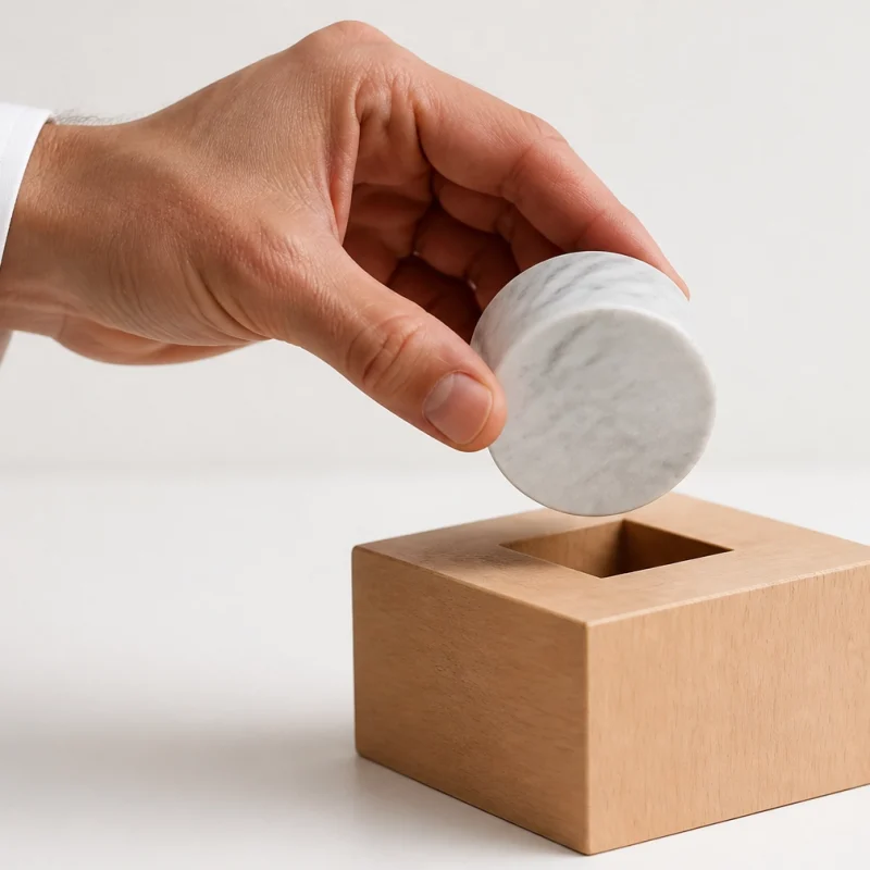 A hand in a dark suit dropping a marble disc into a wooden ballot box slot to symbolize voting or donation.