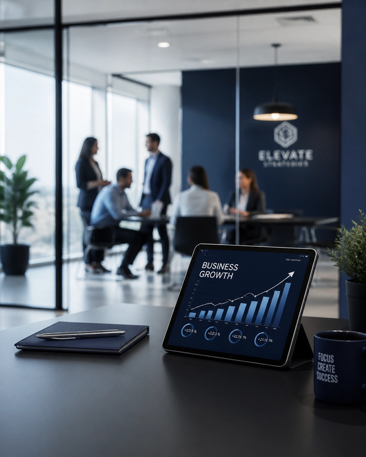 A modern office with a growth chart on a tablet.
