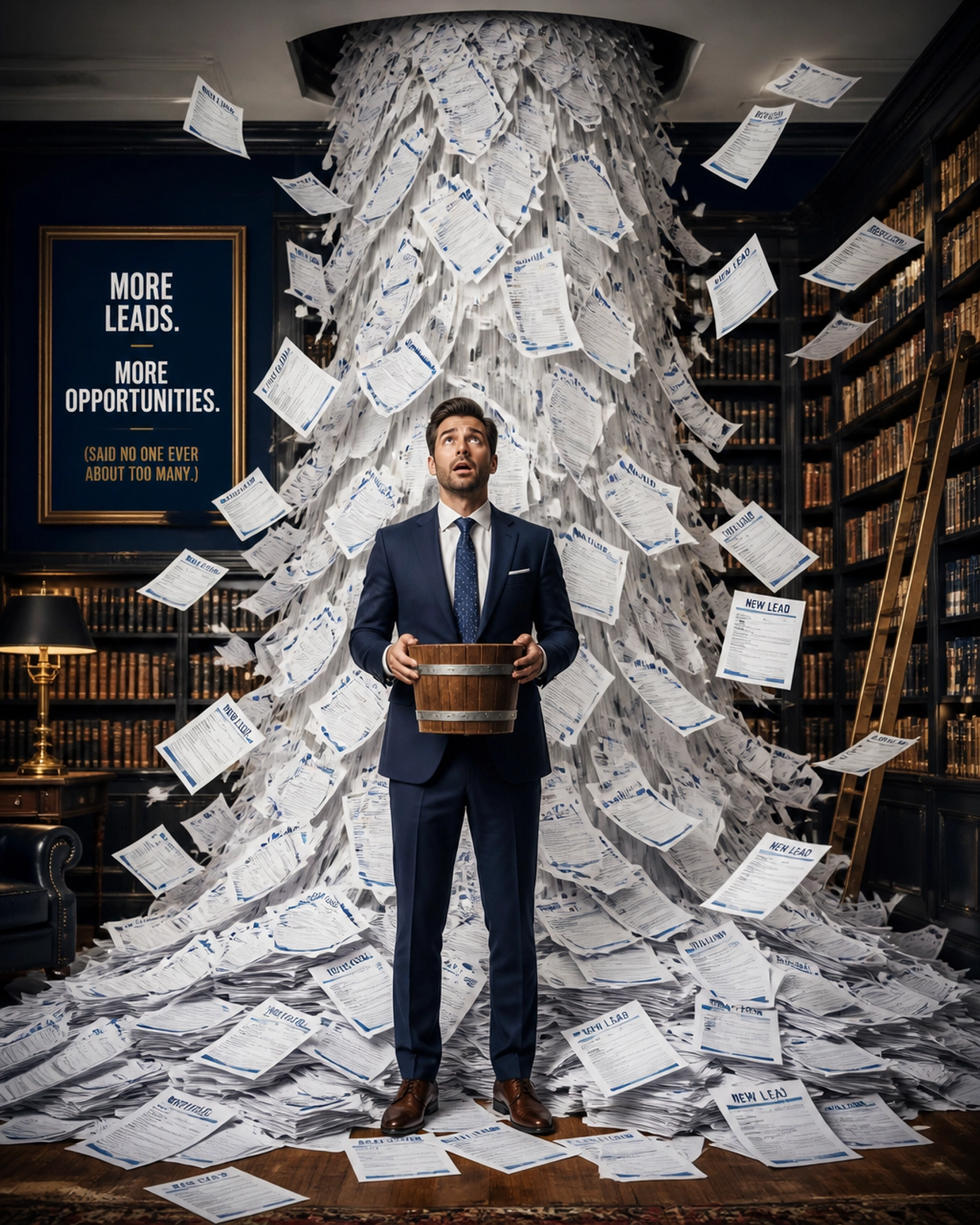 A professional overwhelmed by a waterfall of paper documents