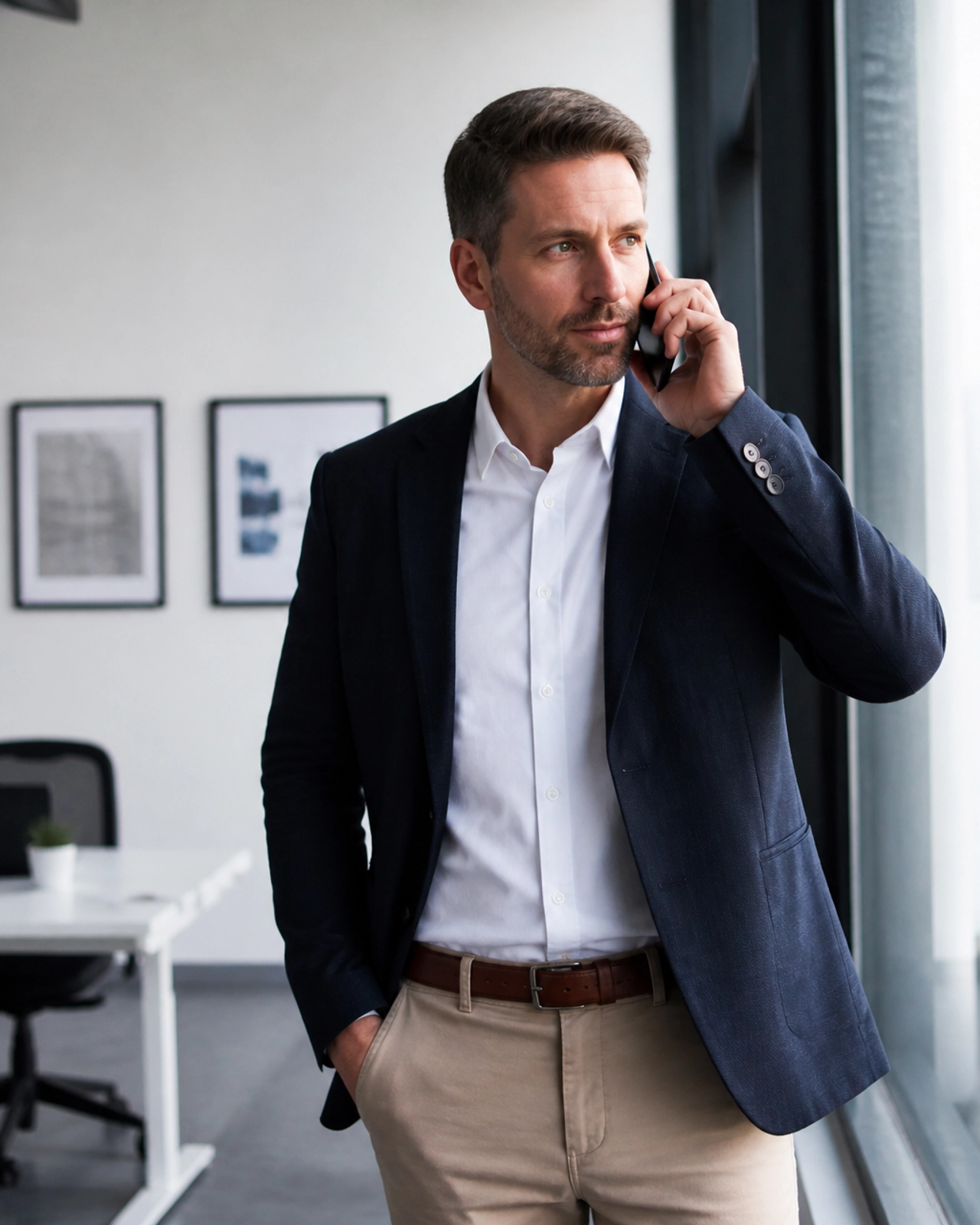Professional man talking on a smartphone in a bright office