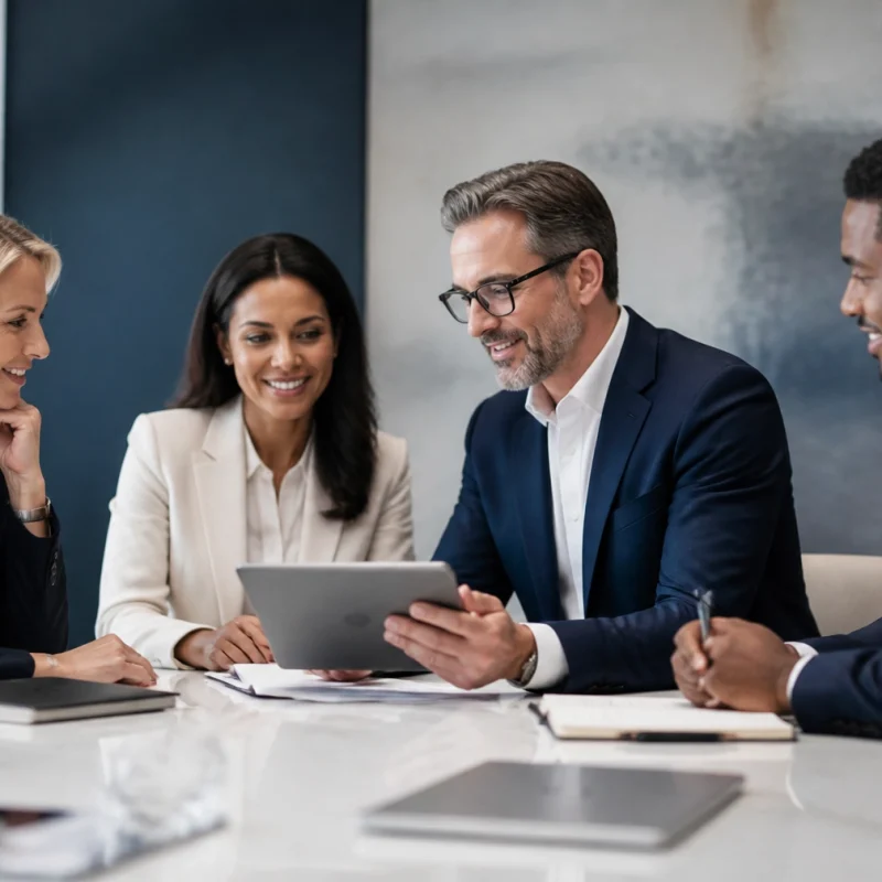 Four professionals in a business meeting around a white table, with one man showing a tablet to his colleagues who are listening and smiling.