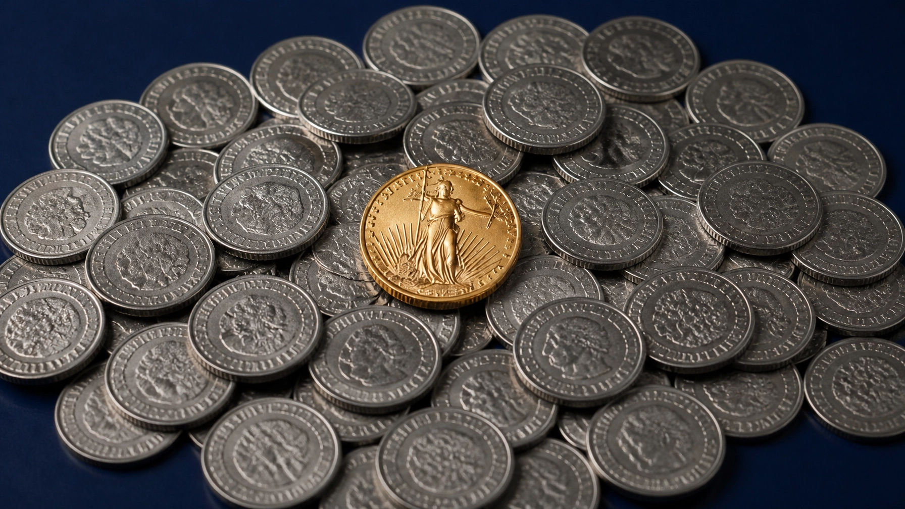 A gold coin among silver coins representing the selectivity of a boutique franchise development agency