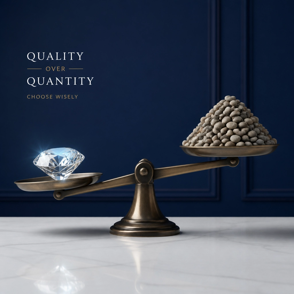 A scale balancing a single diamond against a pile of pebbles