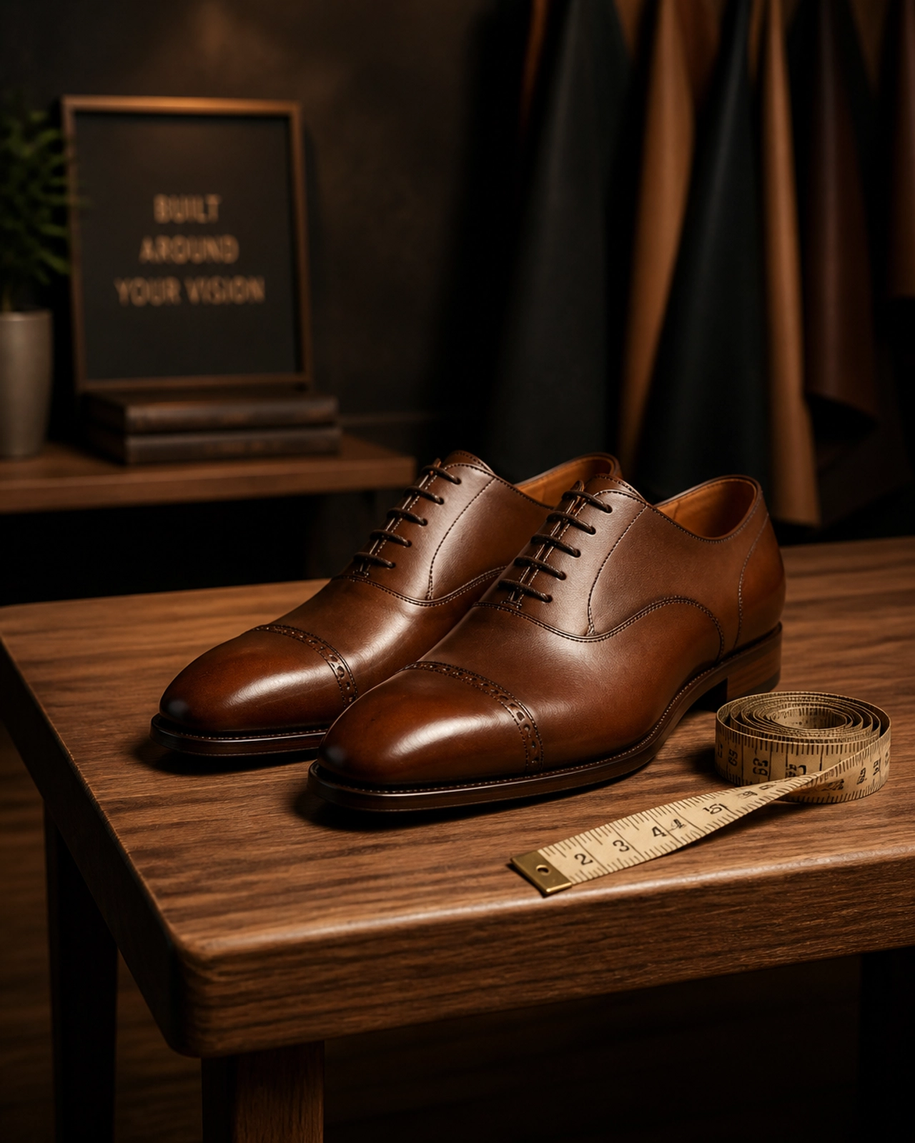 Handcrafted leather shoes and a measuring tape representing customized franchise development solutions