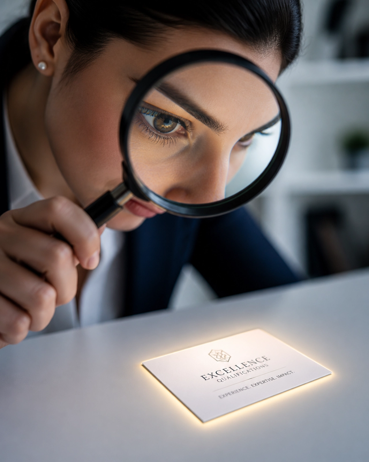 A person looking through a magnifying glass at a business card