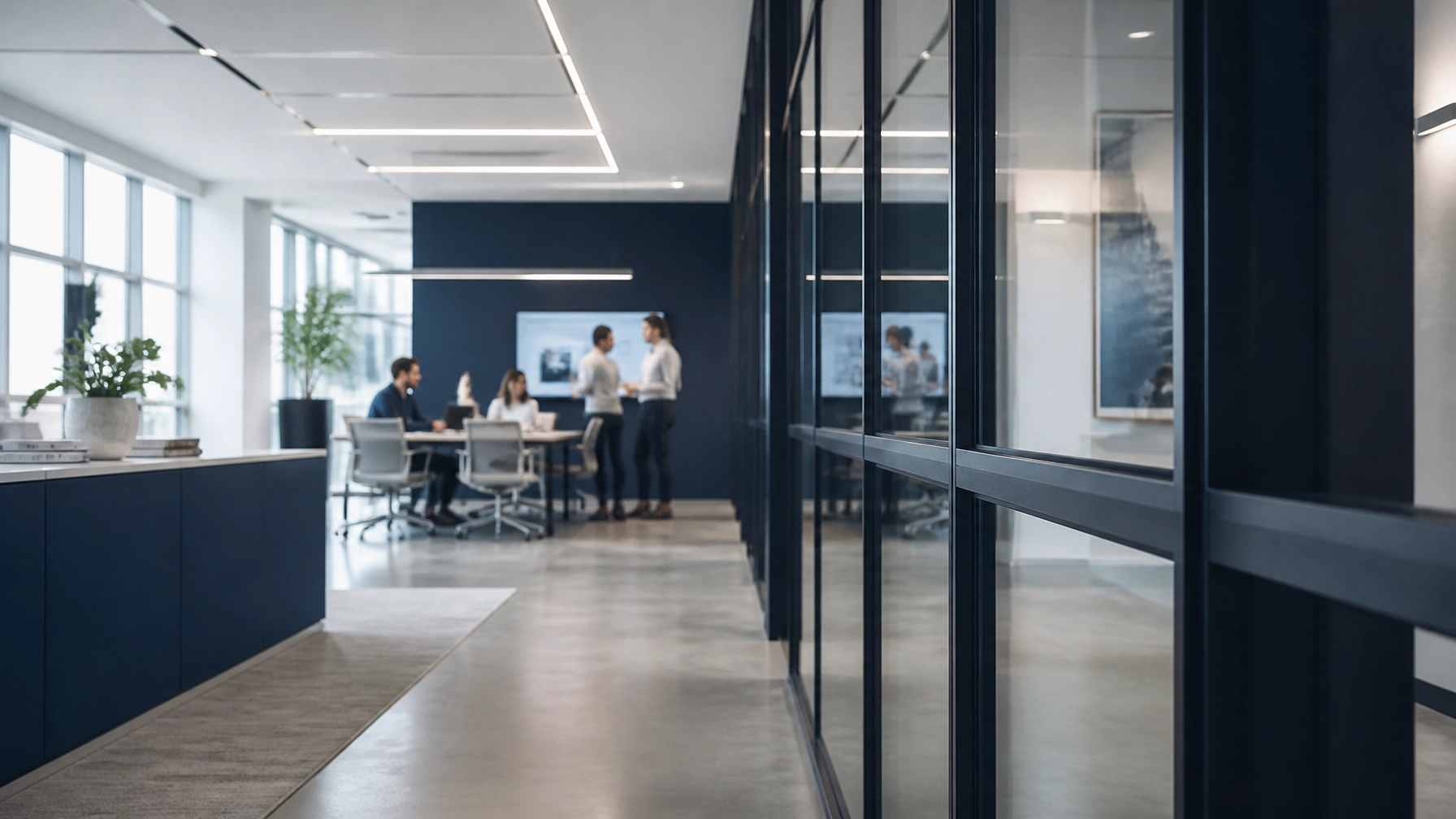A wide-angle professional shot of a modern, open-concept office space, communicating a collaborative and results-driven business environment.