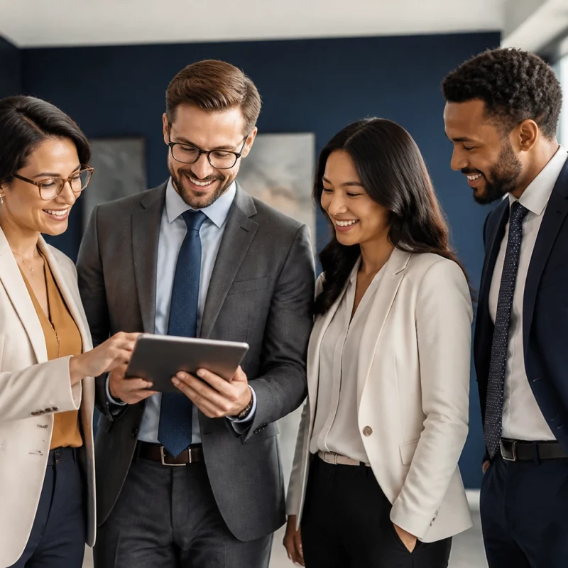 Four professionals in suits stand in a modern office, looking at a tablet and smiling.