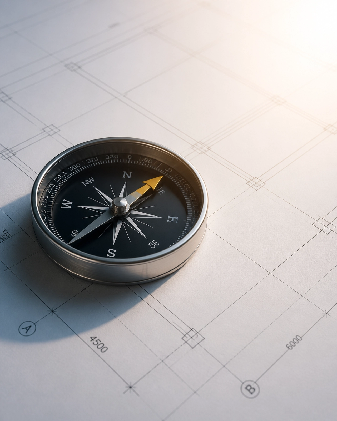 A modern compass on a blueprint representing the strategic direction of franchise development