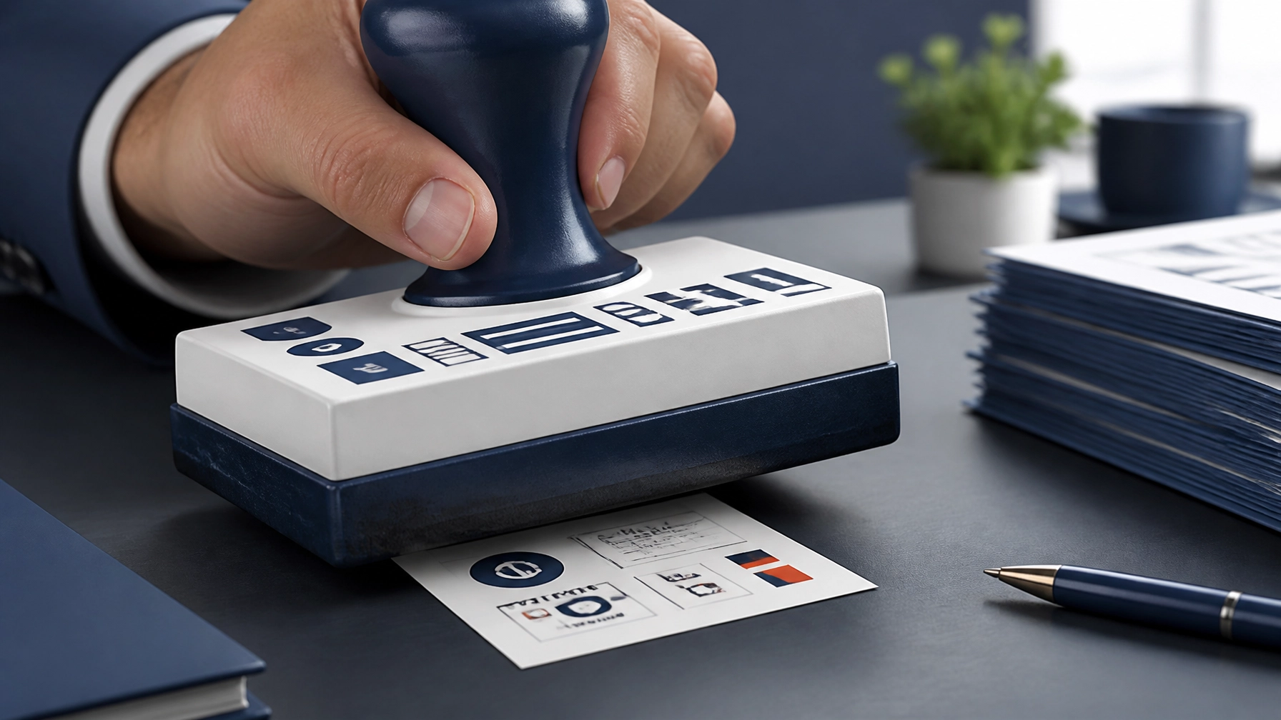 An oversized template stamp crushing a tiny brand identity, showing how cookie-cutter agency work can flatten differentiation.