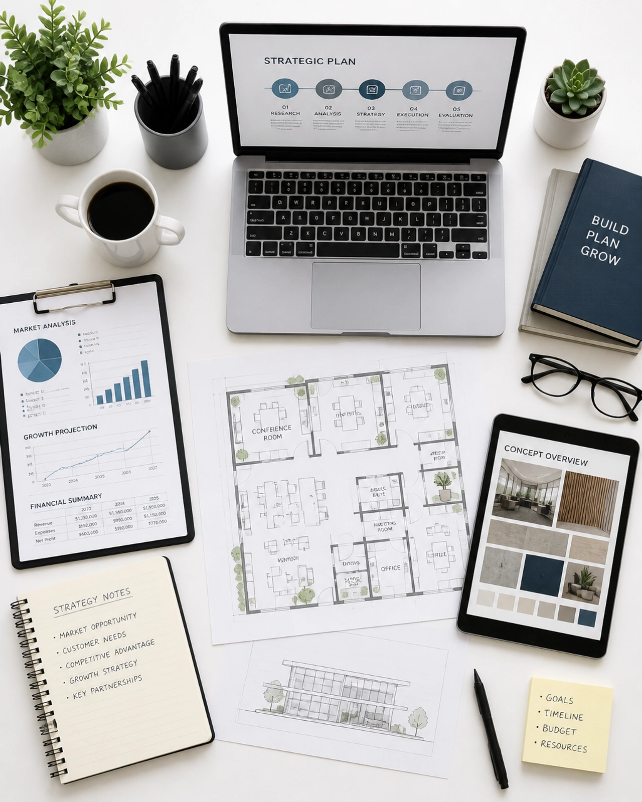 Modern office desk with strategic planning materials and architectural plans