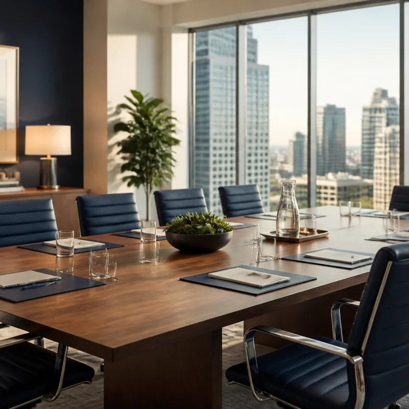 Modern conference room with a long wooden table and navy leather chairs, overlooking a city skyline through floor-to-ceiling windows.