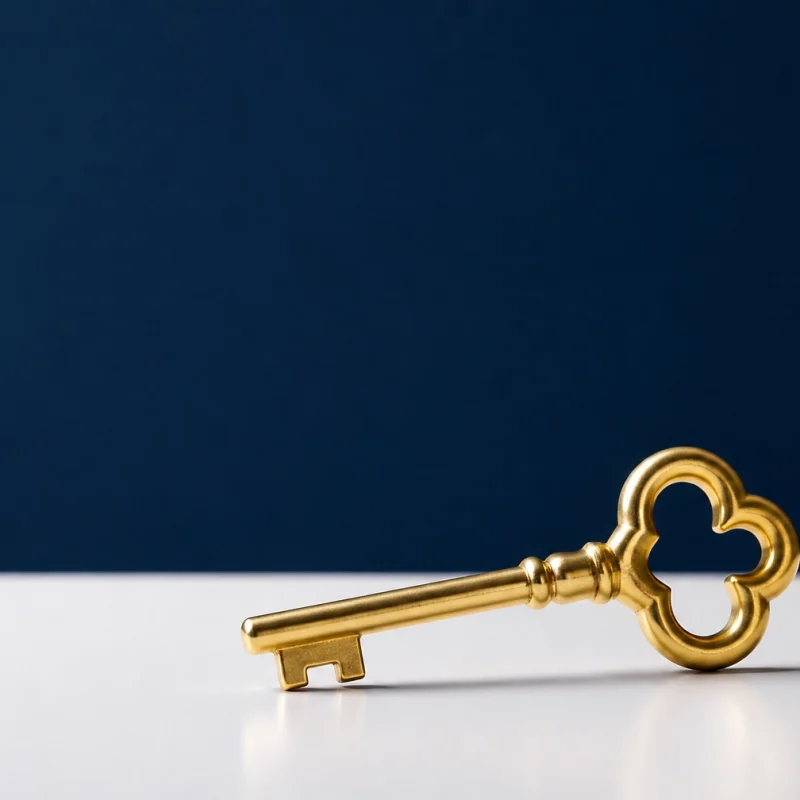 Golden ornate key on a white surface against a dark blue background.