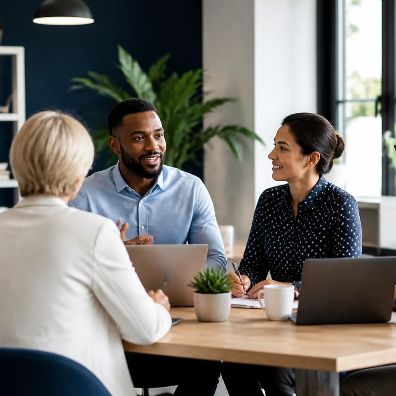 Group of diverse colleagues in a modern office having a discussion around a wooden table with laptops and a small plant coordinate ideas.