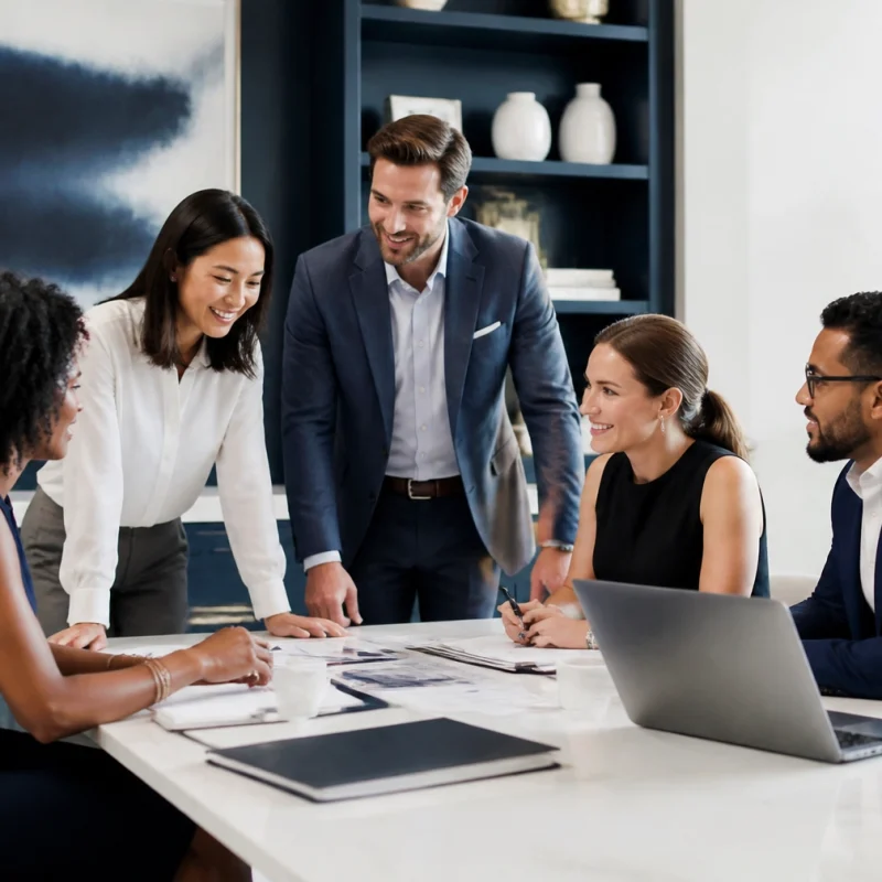 Group of five professionals collaborating around a conference table in a modern office, reviewing documents together.