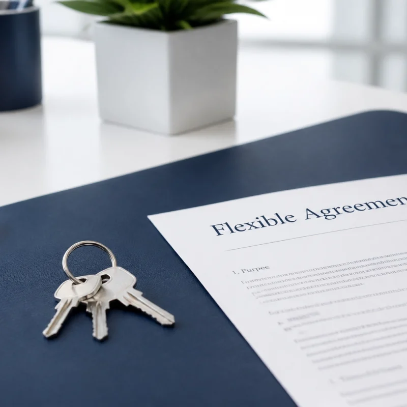 Close-up of a desk with a document labeled 'Flexible Agreement', a set of keys, pen, laptop, mug, plant and notebooks on a white surface.