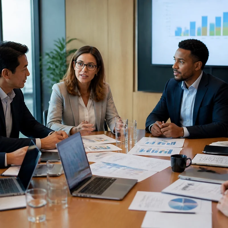Six professionals sit around a wooden conference table, discussing charts and laptops as a large bar chart is projected on the wall screen behind them.