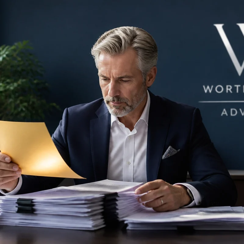 Man in a dark suit at a desk, reading a yellow envelope amid piles of documents in an office with Worthington Advisors logo in the background