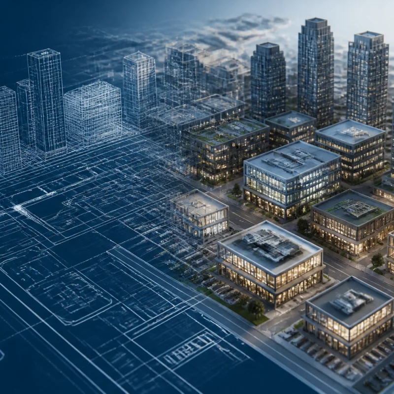 A futuristic cityscape with blueprint lines fading into glass skyscrapers on the right.