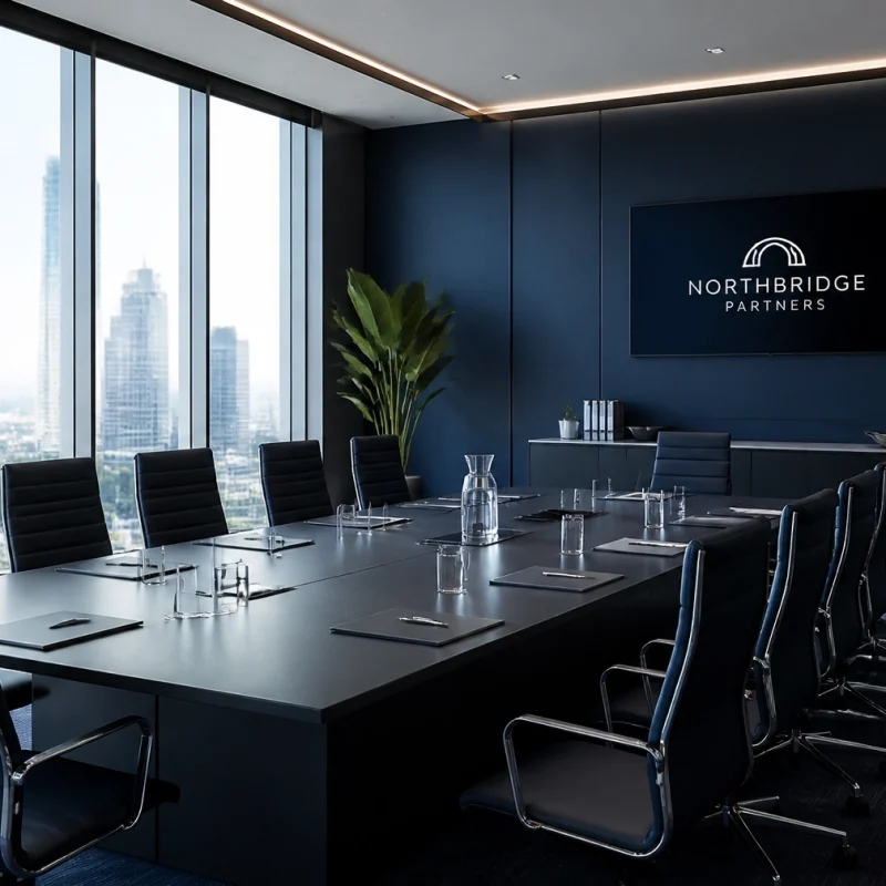 Modern boardroom with a long dark table, black leather chairs, and floor-to-ceiling windows overlooking a city skyline; wall screen displays Northbridge Partners logo.