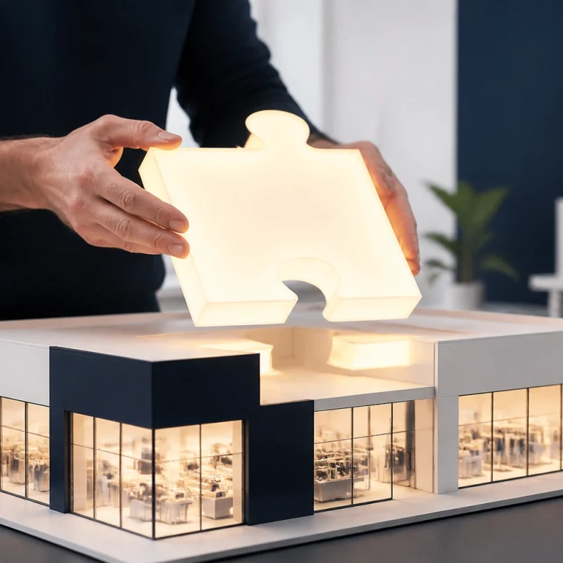 Person places a lit puzzle-piece on top of a modern architectural model, symbolizing a key piece in the design process