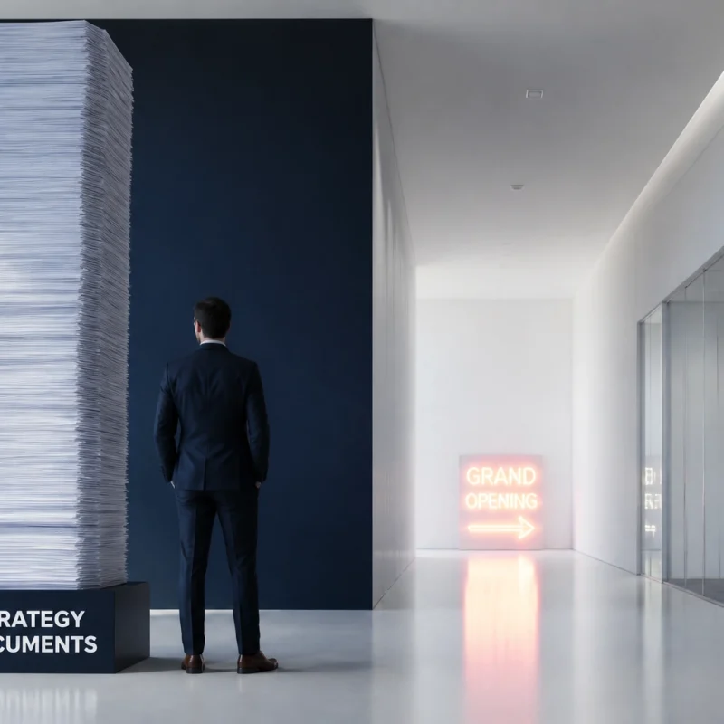 Man in a suit stands facing a towering stack of documents labeled 'STRATEGY DOCUMENTS' in a sleek, modern office corridor.