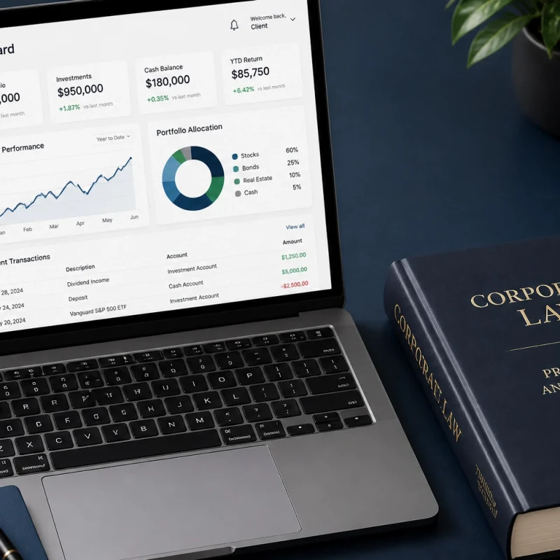 Open laptop showing a financial dashboard with portfolio figures, cash balance, and charts beside a dark blue Corporate Law book on a desk.