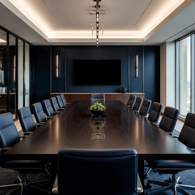 Modern boardroom with a long dark wood table, black leather chairs, a wall-mounted TV, and large windows overlooking the city.