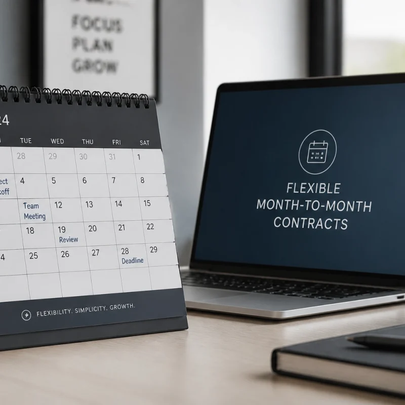 Desk calendar open to June 2024 with notes like "Project Kickoff" and "Team Meeting", beside a laptop.