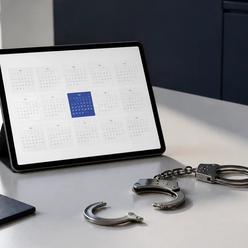 Tablet on a white desk showing a calendar app, with scattered metal handcuffs nearby in an office setting.