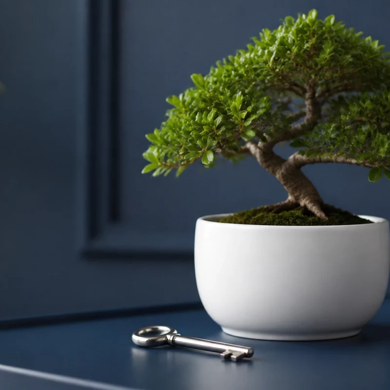 Small bonsai in a white pot with green foliage on a dark blue surface, a silver key resting nearby.
