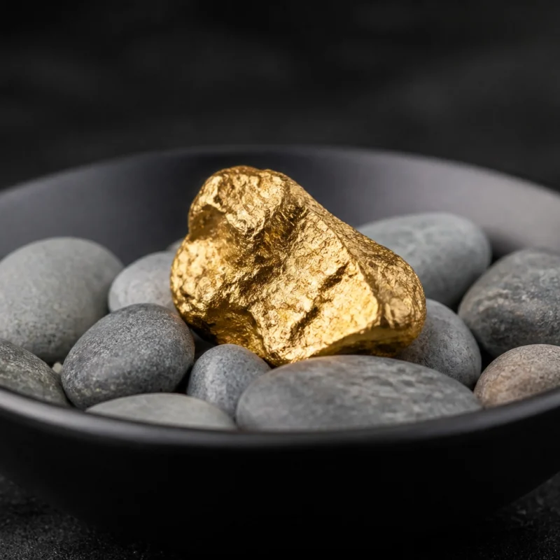 A shiny gold nugget rests among smooth gray pebbles inside a matte black bowl against a dark background.