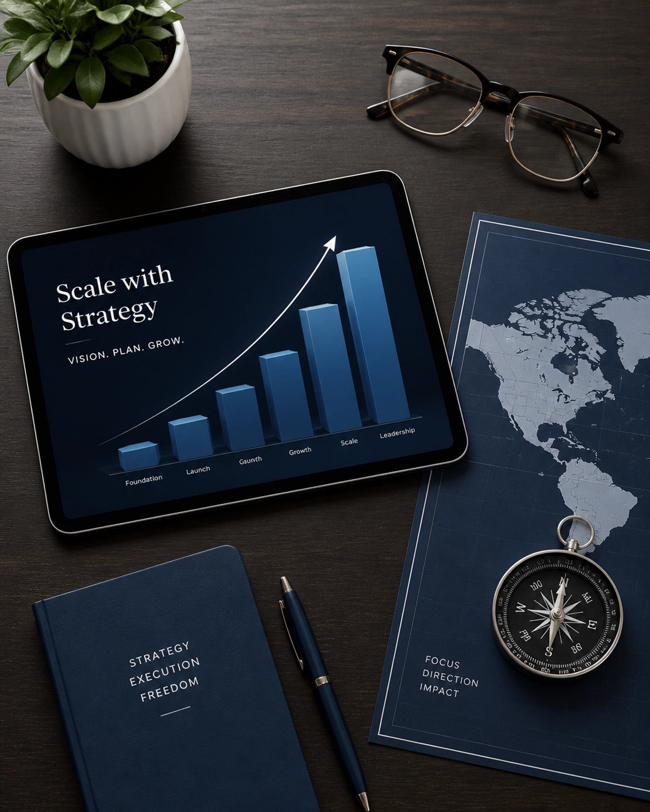 Strategic direction tools on a desk, representing the scaling process.