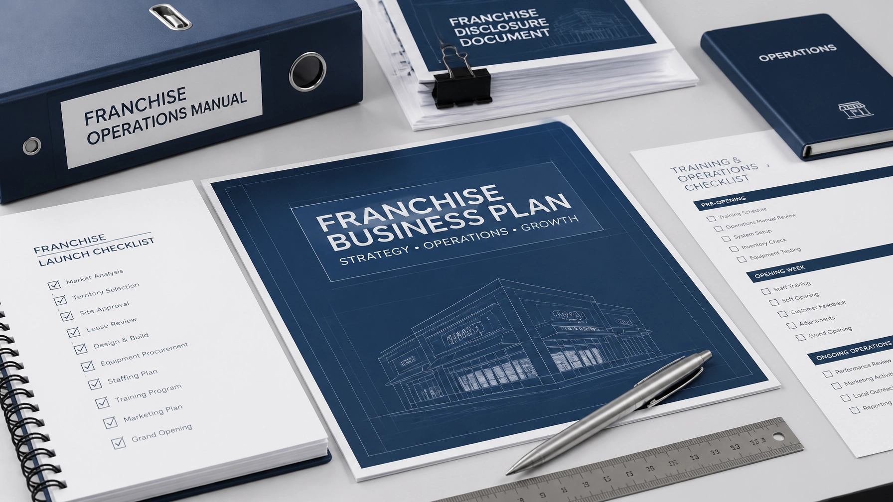 A professional object-only photo of franchise systems documents and planning materials for how to franchise a business