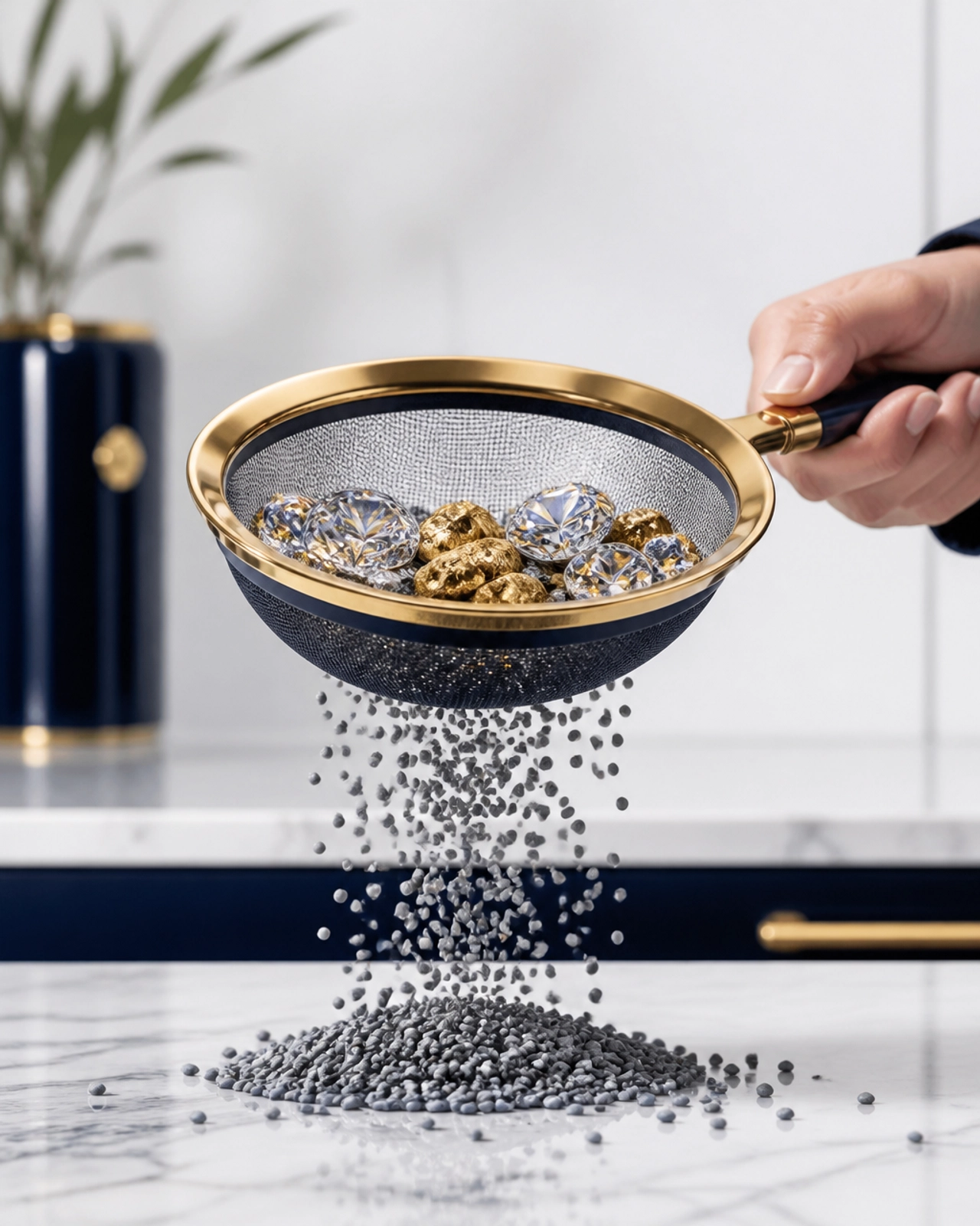 A sieve catching diamonds while generic gray rocks fall through