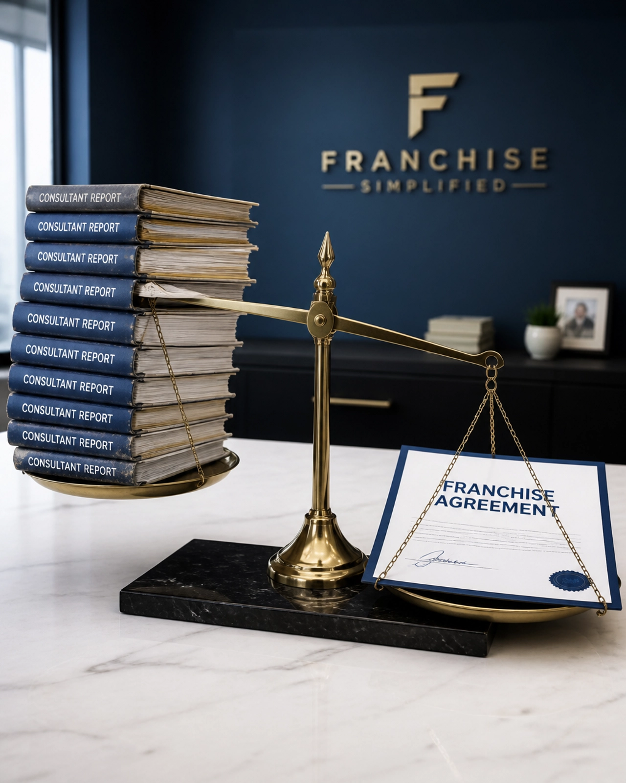 A scale showing that one signed franchise agreement outweighs a mountain of consultant reports.