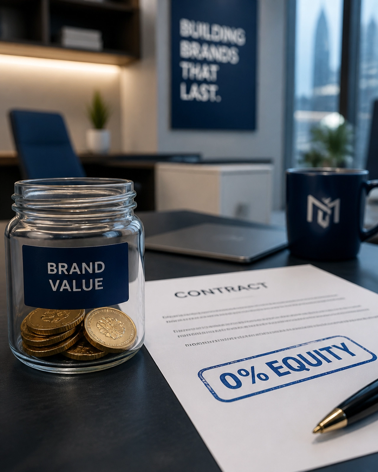 Contemporary workspace with 0% equity stamp representing a performance-driven franchise development agency