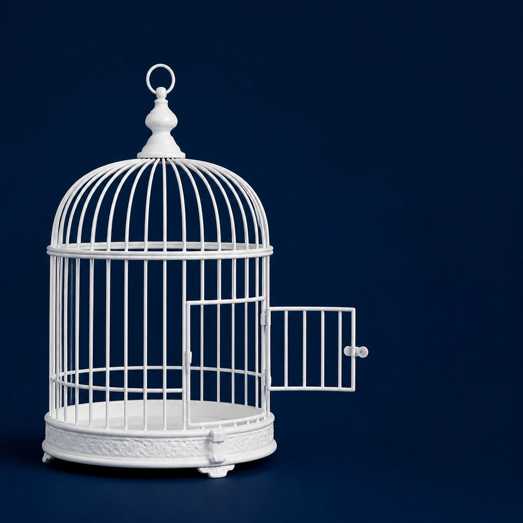 An open birdcage symbolizing contractual freedom