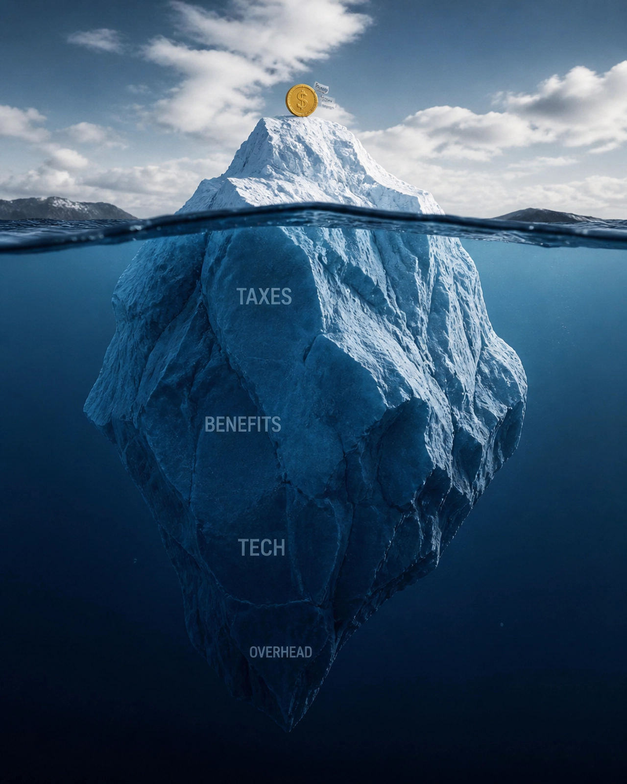 An iceberg metaphor showing hidden costs of in-house hiring for a franchise development agency comparison