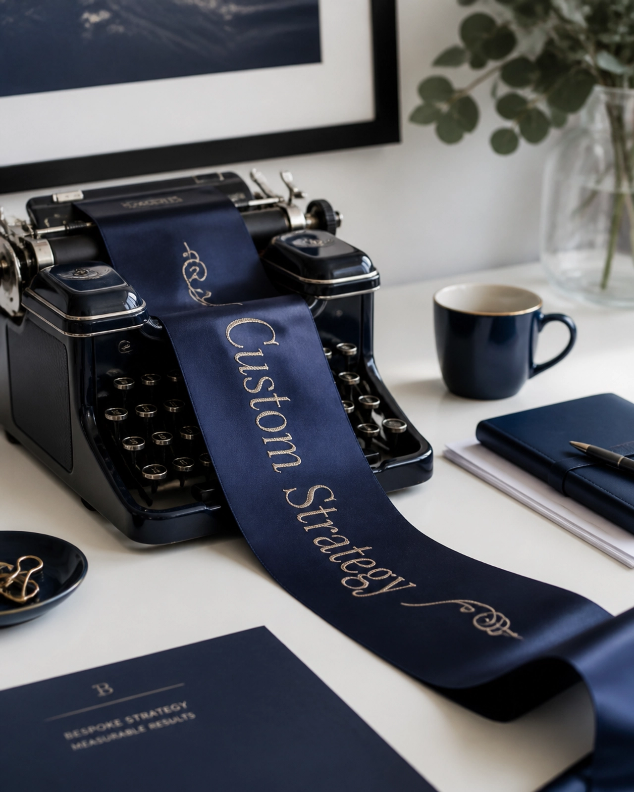A vintage typewriter outputting a silk ribbon that says 'Custom Strategy', representing bespoke franchise marketing.