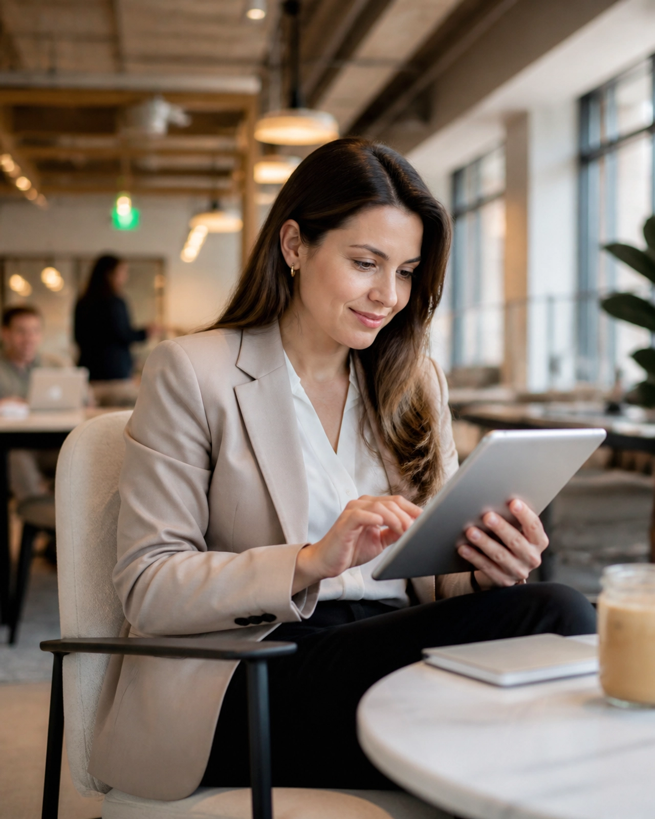 A focused professional woman working on a tablet in a bright office