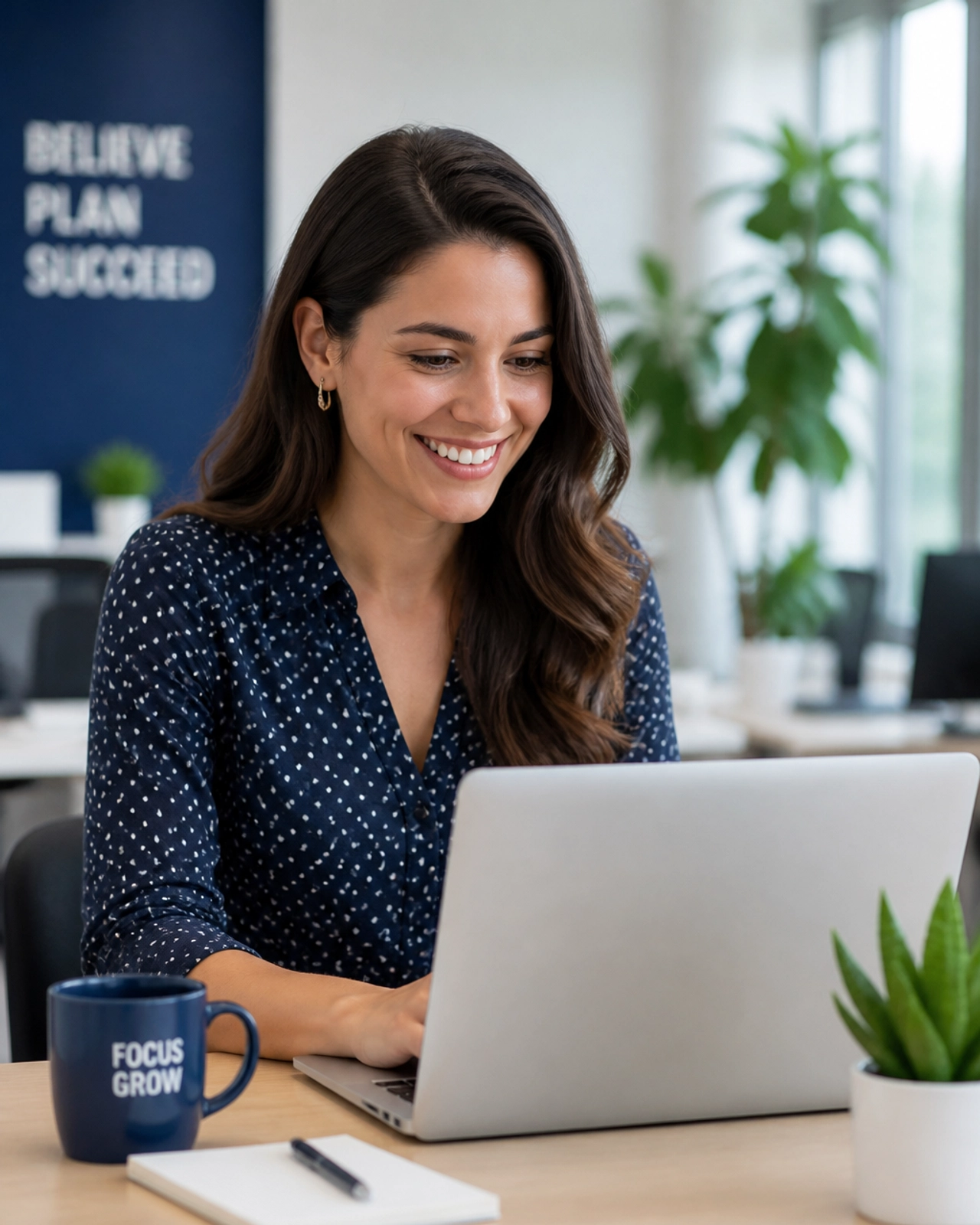 Professional woman working on a laptop in a bright workspace