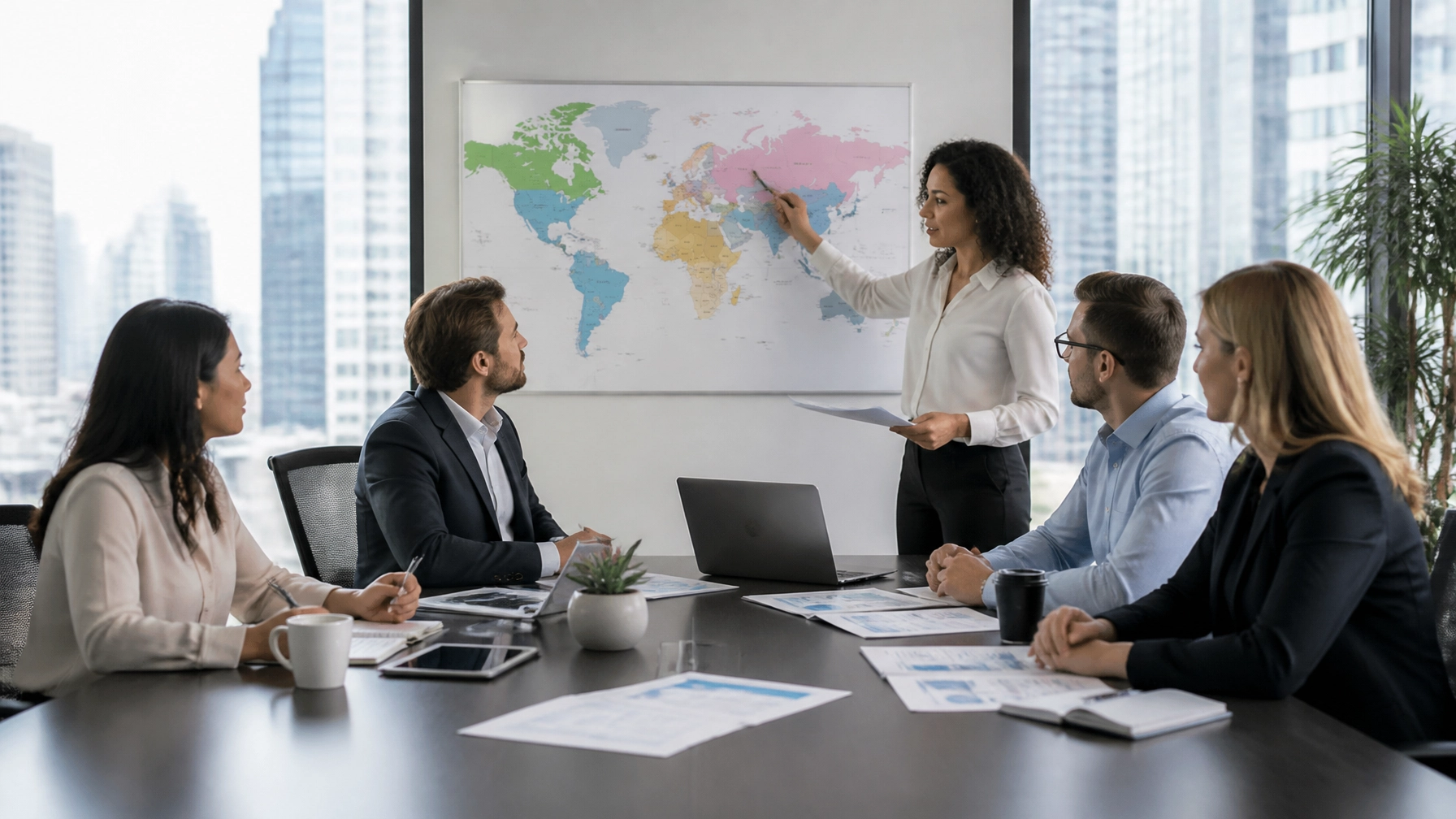 A professional franchise development team discussing regional expansion plans in a modern boardroom.