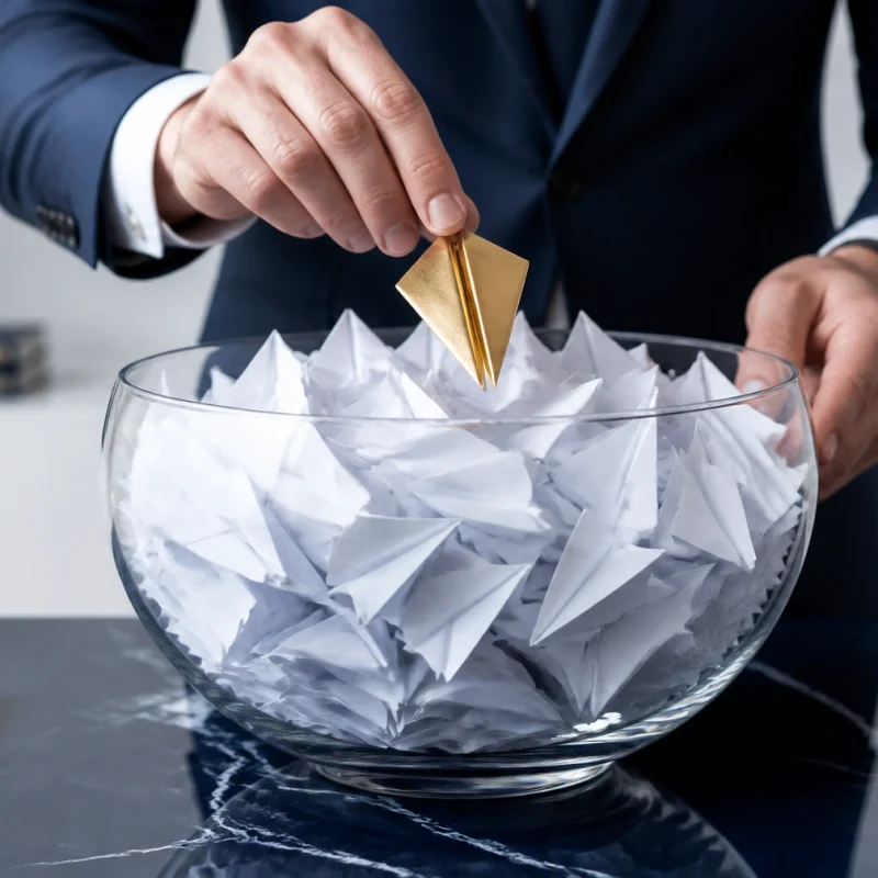 Businessperson dropping a gold token into a glass bowl filled with folded paper slips on a desk.