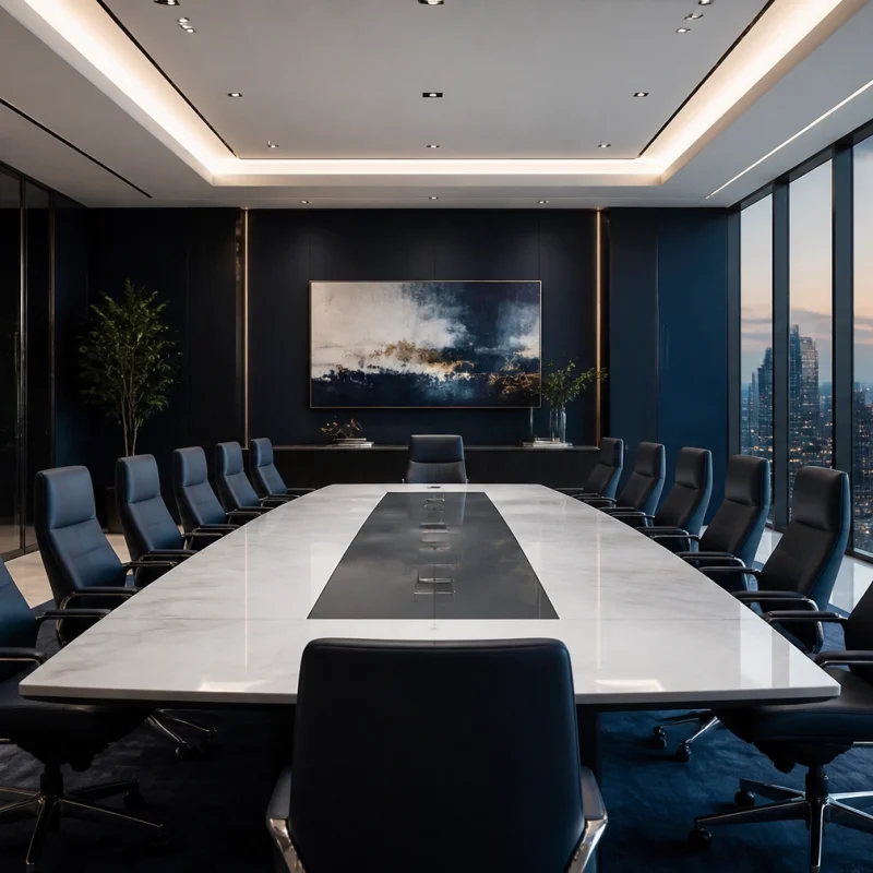 Modern boardroom with a long marble table and black-blue walls overlooking a city skyline through floor-to-ceiling windows at sunset/dusk.