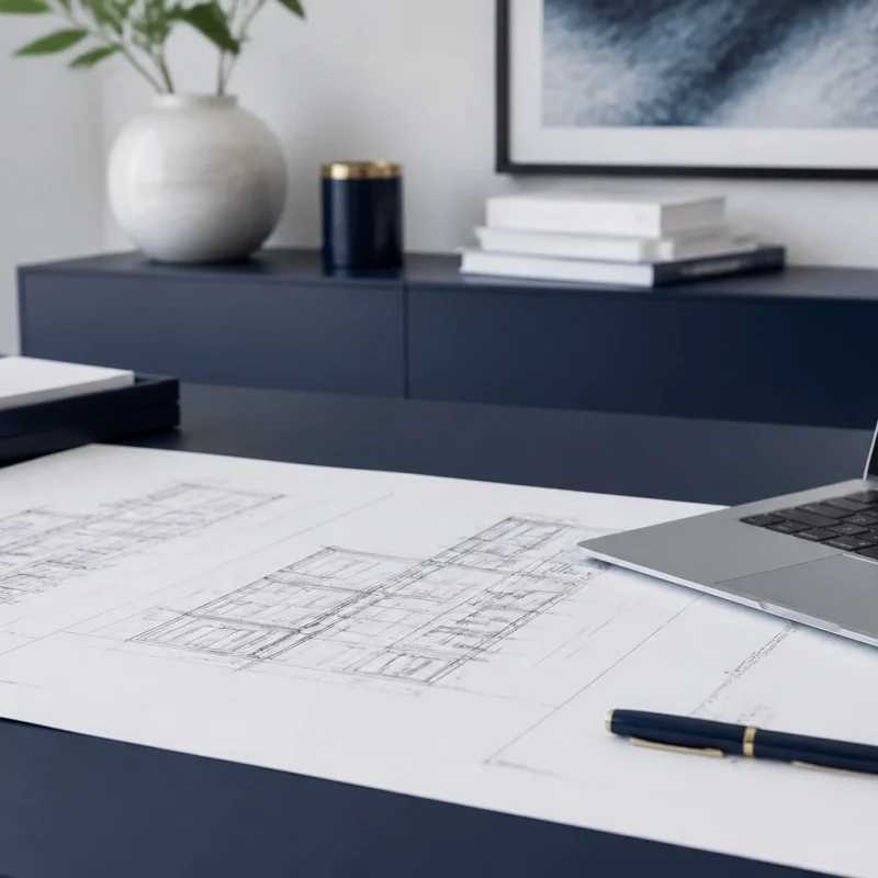 Desk setup with a laptop, blueprints, and a pen on a dark blue surface, plus a plant and framed art in the background.