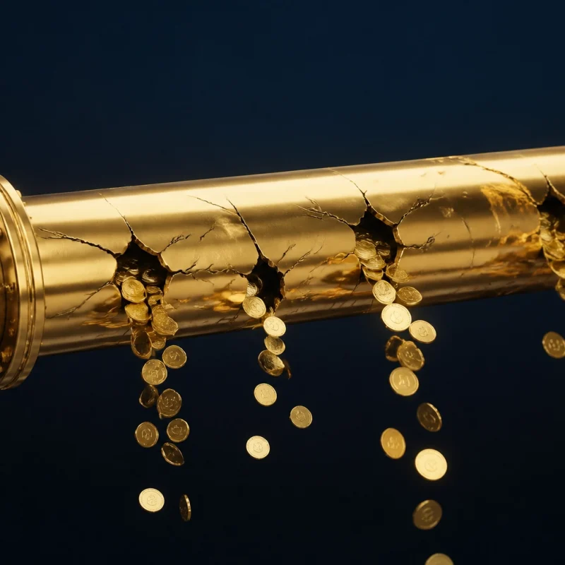 Gold metal pipe with coins spilling from cracks against a dark blue background.