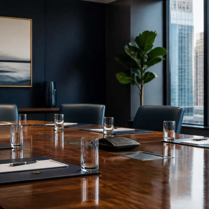 Modern boardroom with a polished wooden table, notepads and glasses, and city skyscrapers visible through large windows.