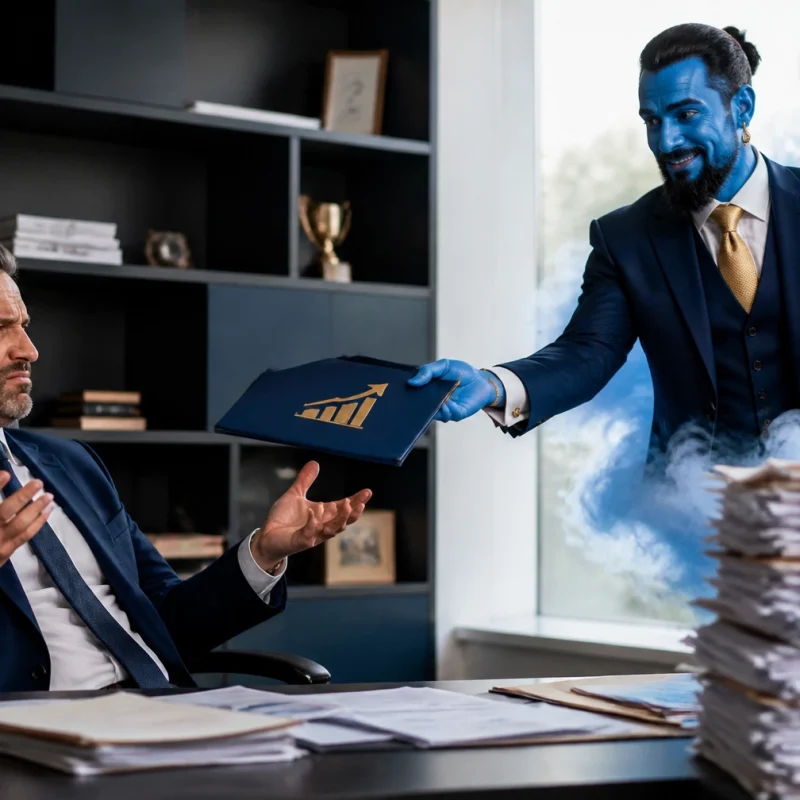 Blue-skinned man in a suit hands a folder to a skeptical boss amid a smoky desk and a stack labeled 'Vanity Metrics'.]} }{